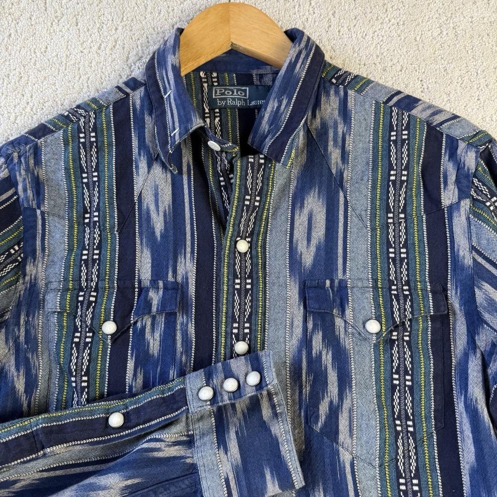 Polo Ralph Lauren Southwestern Ikat Pearl Snap Shirt Men's Small Blue Cotton